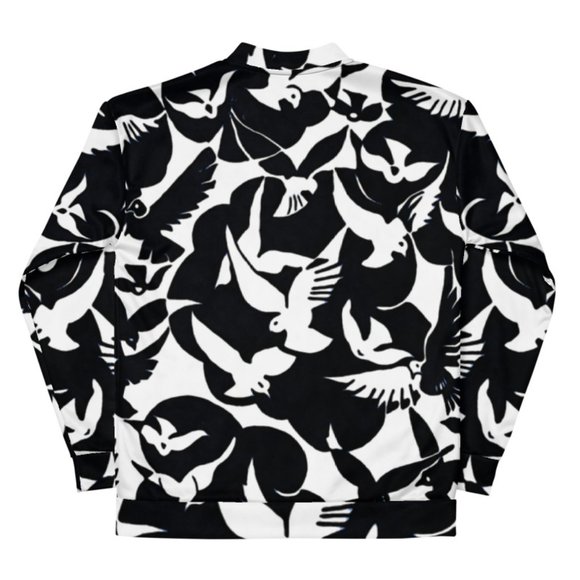 Pigeons in White and Black Pattern Unisex Bomber Jackets. - Picture 6 of 12
